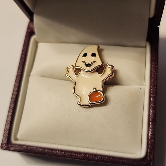 Halloween White Ghost Pin With Orange Pumpkin Lapel Enamel Collectible Men Women - Picture 1 of 4